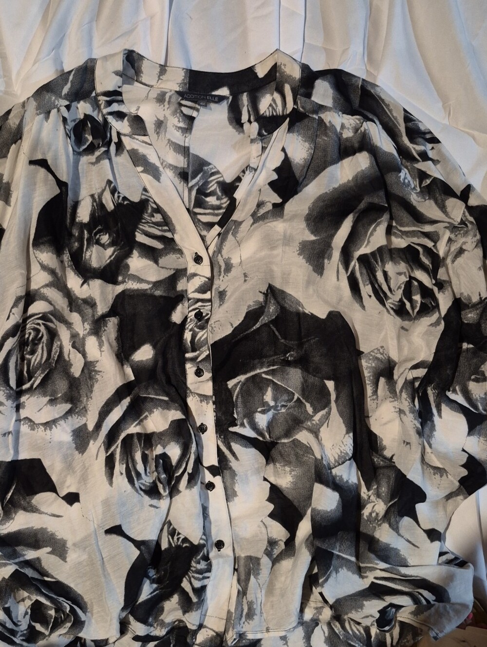 Addition Elle Black and White Rose-Print Button-Front Blouse